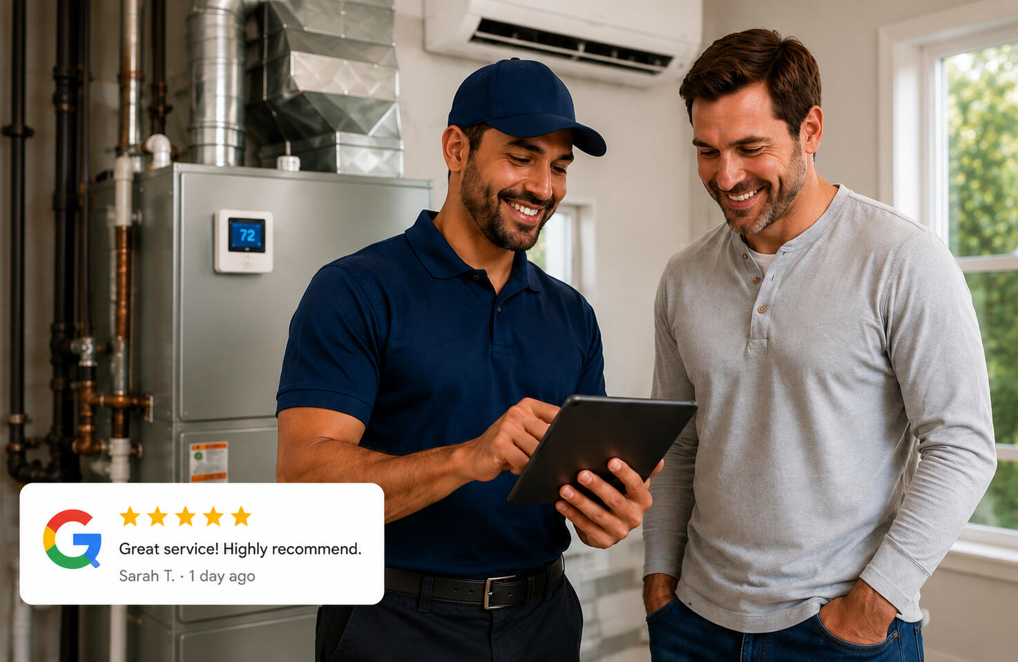 Home service technician showing a customer a Google review